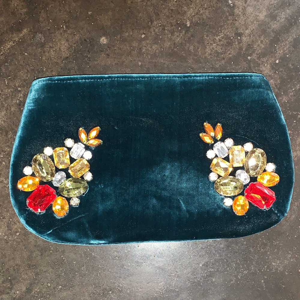 Shiraleah Teal Velvet Clutch with Gemstone Embellishments